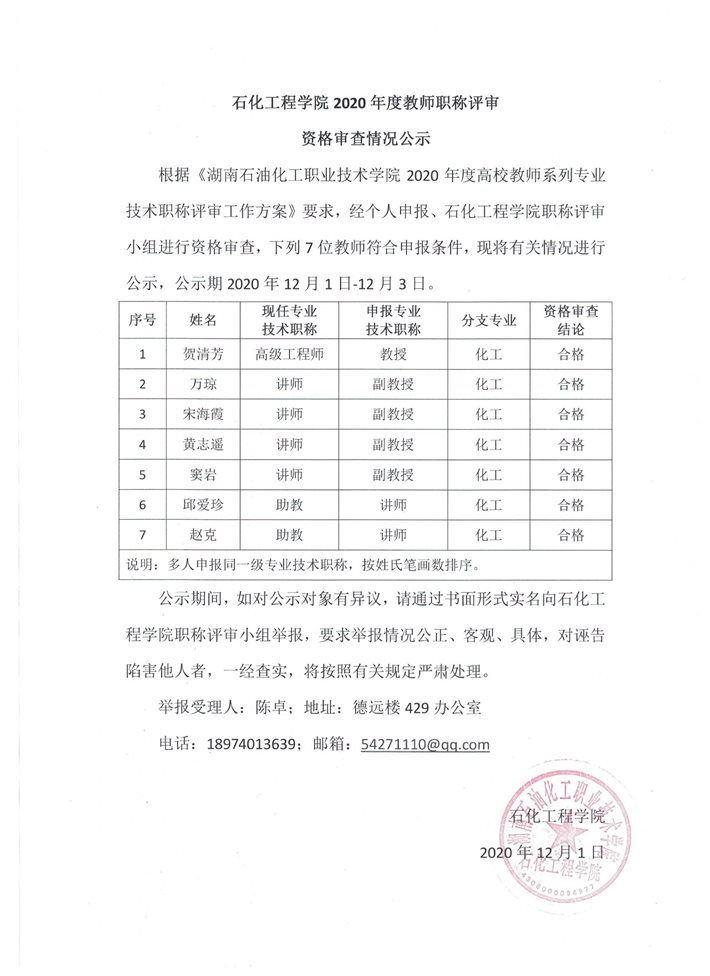 石化工程学院2020年度教师职称评审资格审查情况公示（12.1）